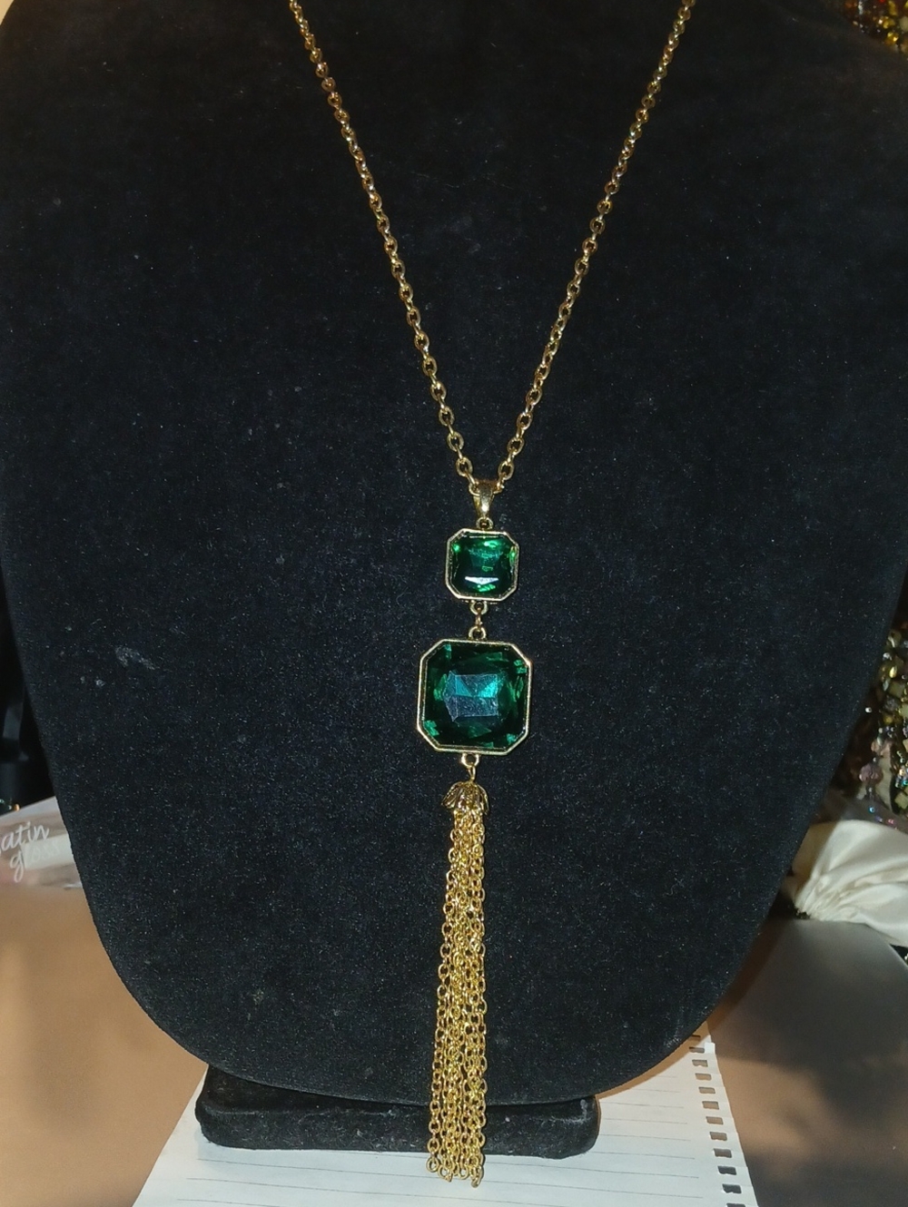 Gold Tassel Necklace with Emerald Green Gemstones
